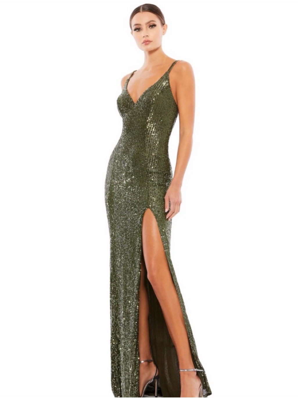 Mac Duggal Olive Green Sequin Maxi Dress With Side Slit